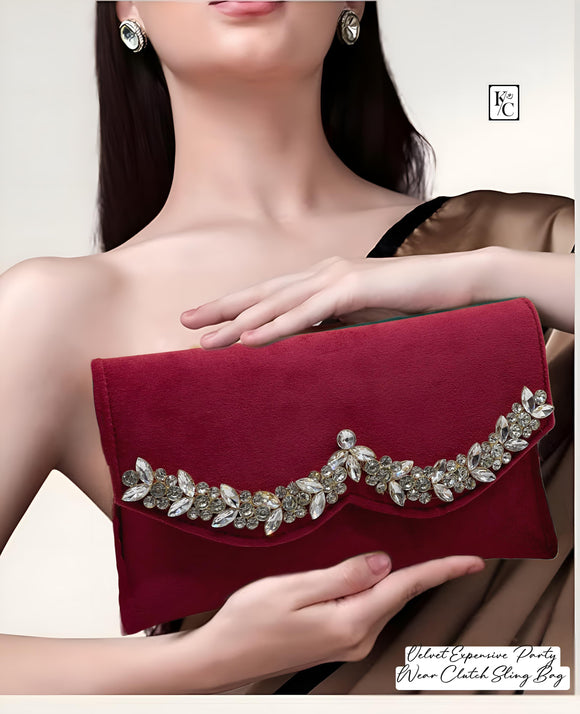 Maroon Shade Bridal Wedding Pearl Velvet clutch Sling bag for Women -LYF001PSM