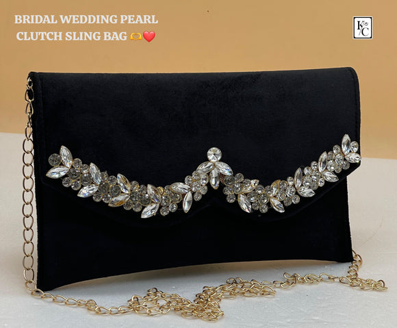 Black Shade Bridal Wedding Pearl Velvet clutch Sling bag for Women -LYF001PBL