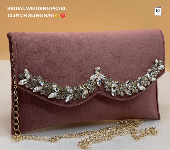 Onion Pink Shade Bridal Wedding Pearl Velvet clutch Sling bag for Women -LYF001PSOP