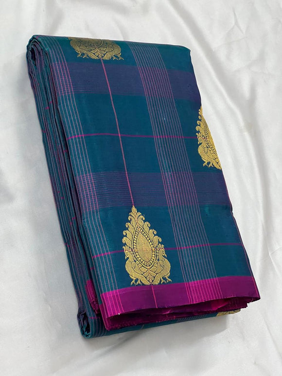 Sharmila , elegant  Peacock Blue and Purple Color Combination Kanjeevaram Silk Saree for Women -SACHI001PBP