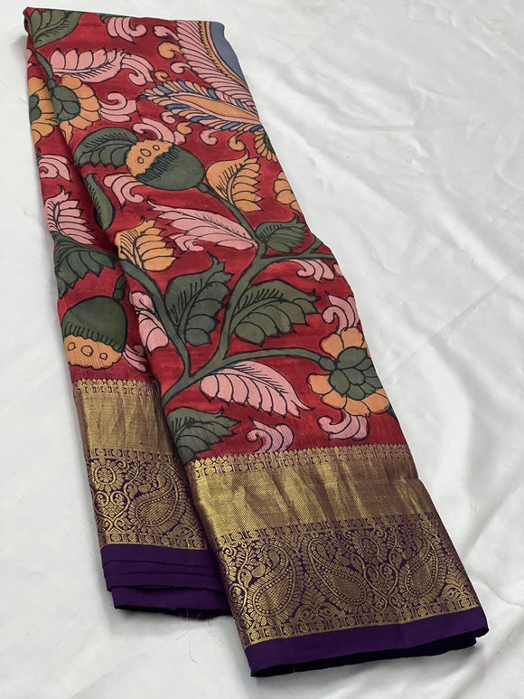 Kadambari , elegant Pen Kalamkari Drawn Saree in Pure Kanjivaram Silk -SACHI001PK