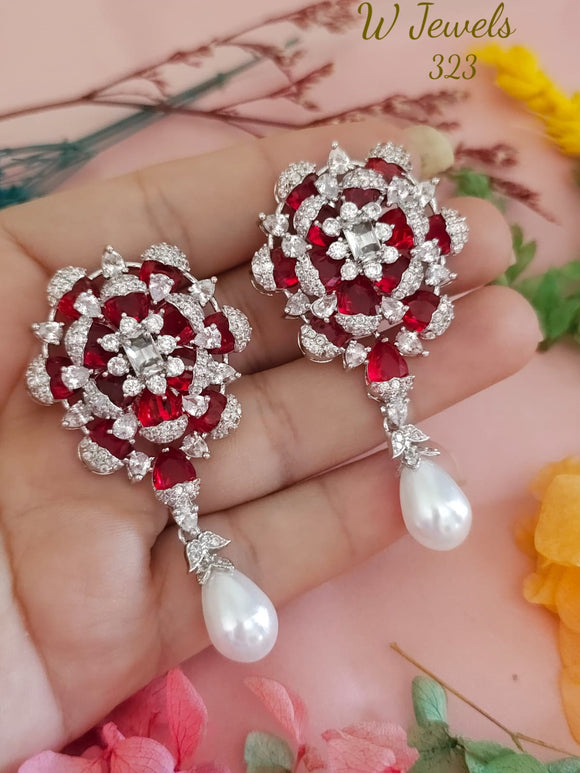 Zinta , elegant Platinum Finish Red Stone Studded Pearl Drop Hanging Earrings for women -SONA001PE