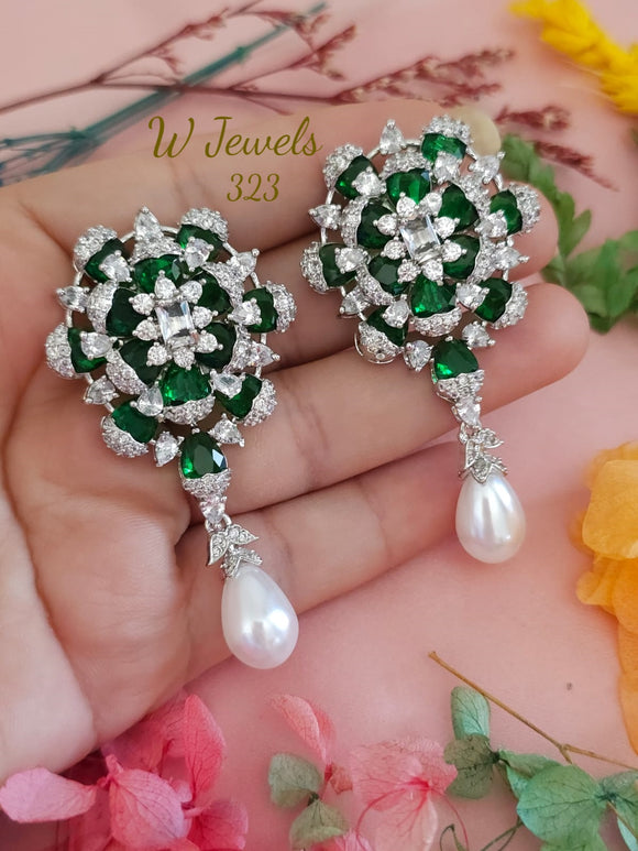 Sonam , elegant Platinum Finish Green Stone Studded Pearl Drop Hanging Earrings for women -SONA001PEG