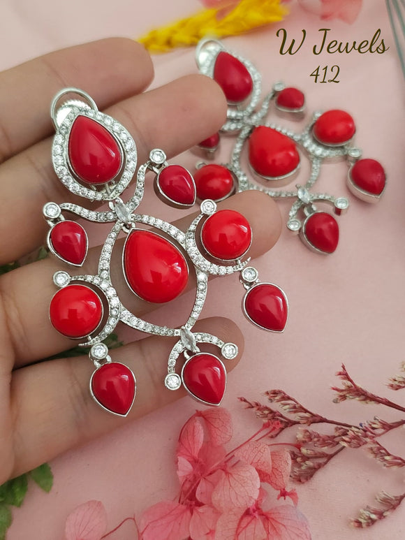 Hesperus  , Elegant Platinum Finish Earrings with Coral Red Colored Stones -SONA001CR