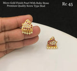 Maniprabha , Micro Gold finish Pearl with Ruby stones Premium Quality Swan design Earrings  with Screw back -SHAKI001SBJ