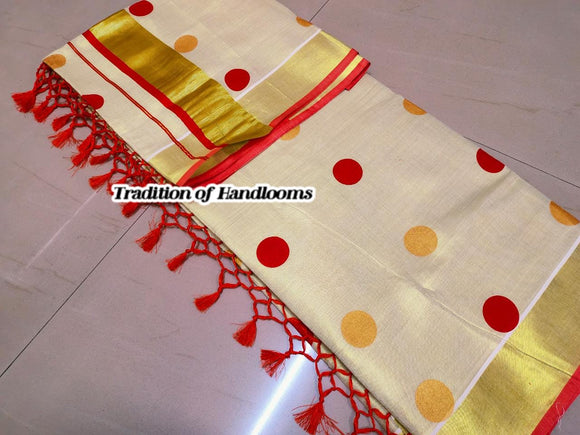 Beautiful Red Polka Dots Design Golden Tissue Saree for Onam 2024-SAHE001PDR