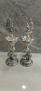 Mayoori , Antique German silver washable special design Pair of 2 ,Dancing Peacock Design Deepam with extra oil capacity -SN001LB