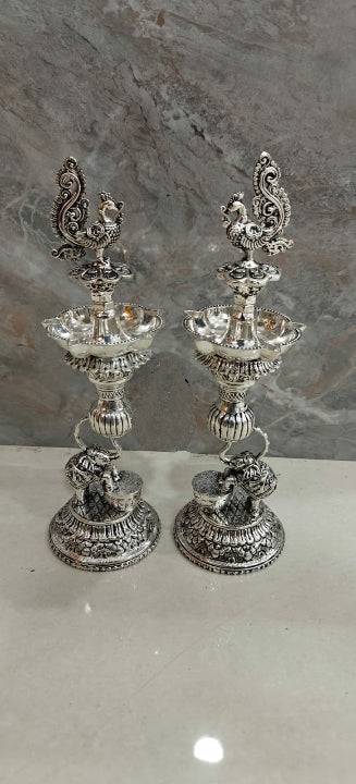 Mayoori , Antique German silver washable special design Pair of 2 ,Dancing Peacock Design Deepam with extra oil capacity -SN001LB