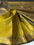 Rajashree , elegant Mustard Yellow and Black combination Kanjeevaram Silk Saree for Women -SACHI001YKS