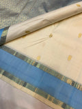 Pastel Blue and White full saree peacock and Rudraksha design Gold zari butties Kanjeevaram silk saree -SACHI001PBW