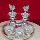 Navami , 8 inches German Silver Plate with diyas 7 inches and 3cups-DEEP001SC