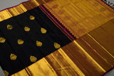 Madhubala , Handloom Kanchipuram pure silk saree in black with Meganta color combination and with big rich borders and beautiful pallu-SACHI001BM