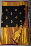 Madhubala , Handloom Kanchipuram pure silk saree in black with Meganta color combination and with big rich borders and beautiful pallu-SACHI001BM