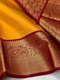 Malavika , Pongal Festival Special Yellow and Red Combination Pure Kanjeevaram Silk Saree for Women -SACHI001YR