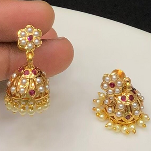 Sunanda , Micro Gold finish Pearl with Ruby stones Premium Quality Jumka / Jimki with Srew back -SHAKI001SBJ