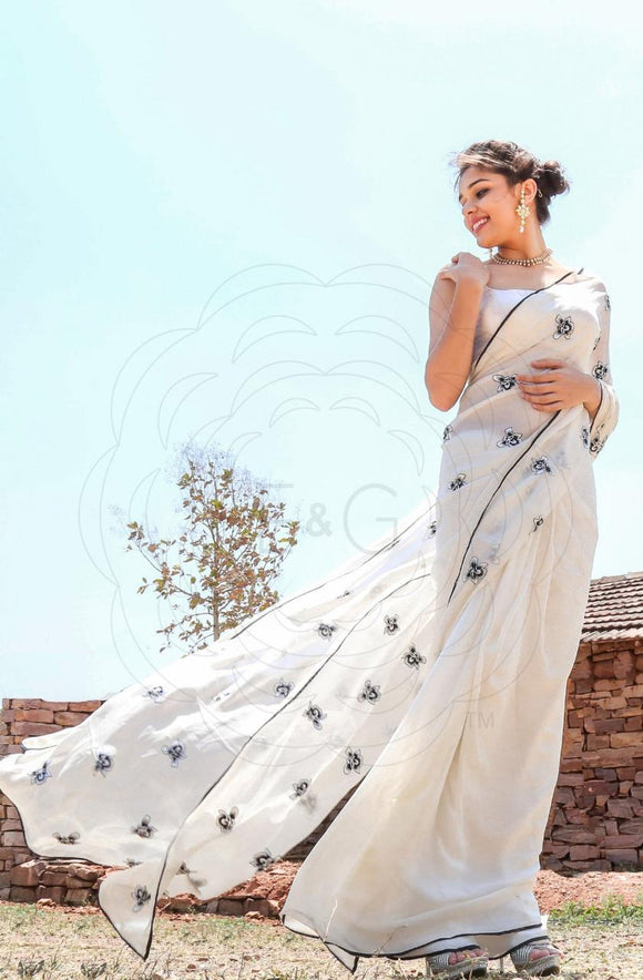 Ivory Georgette Ready to Wear White Saree – Glamwiz India