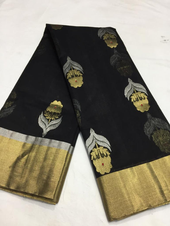 Black Chanderi Silk Saree With Gold and Silver Zari