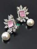 PLATINUM FINISH AMERICAN DIAMOND EARRINGS WITH PEARL FOR WOMEN-MOEERR002