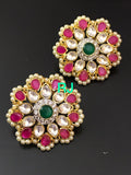 Gold plated stud with semi precious ruby and silver foil Kundan  earrings with screws -MOEER001