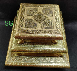 SET OF 3 GOLDEN ANTIQUE CHOWKI WITH METAL LEGS-SGW001C