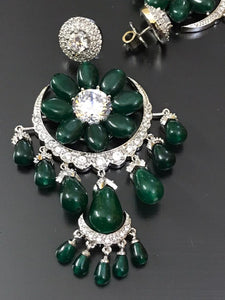 Jade Green Platinum plated Diamond replica Earrings studded with original Pota Stones-MOEWE1775