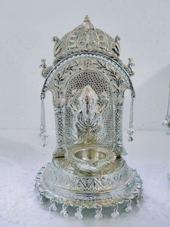 SRI GANESH,  SILVER FINISH GANESH TEMPLE MODEL WITH DIYA-HDAGD002