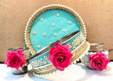 Pearl and Rose inspired Karwachauth sets with pearl handwork on thaali along with the beaded laces