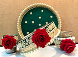 Pearl and Rose inspired Karwachauth sets with pearl handwork on thaali along with the beaded laces