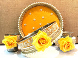 Pearl and Rose inspired Karwachauth sets with pearl handwork on thaali along with the beaded laces