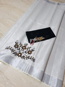 Black  Aari Work Silver Tissue Kerala Saree for Women -CFS0013 C