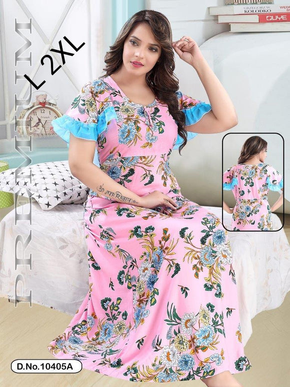 NEW IMPORTED PINK PRINTED RAYON COTTON NIGHTY WITH BLUE FRILLS FOR WOM –