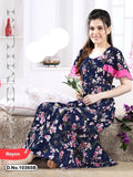 NEW IMPORTED DEEP BLUE PRINTED  RAYON COTTON NIGHTY WITH PINK FRILLS FOR WOMEN -SANNW002DBP