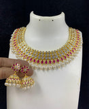 GOLDEN FINISH PEARL POLKA NECKLACE SET WITH JUMKA FOR WOMEN -AJNSW001