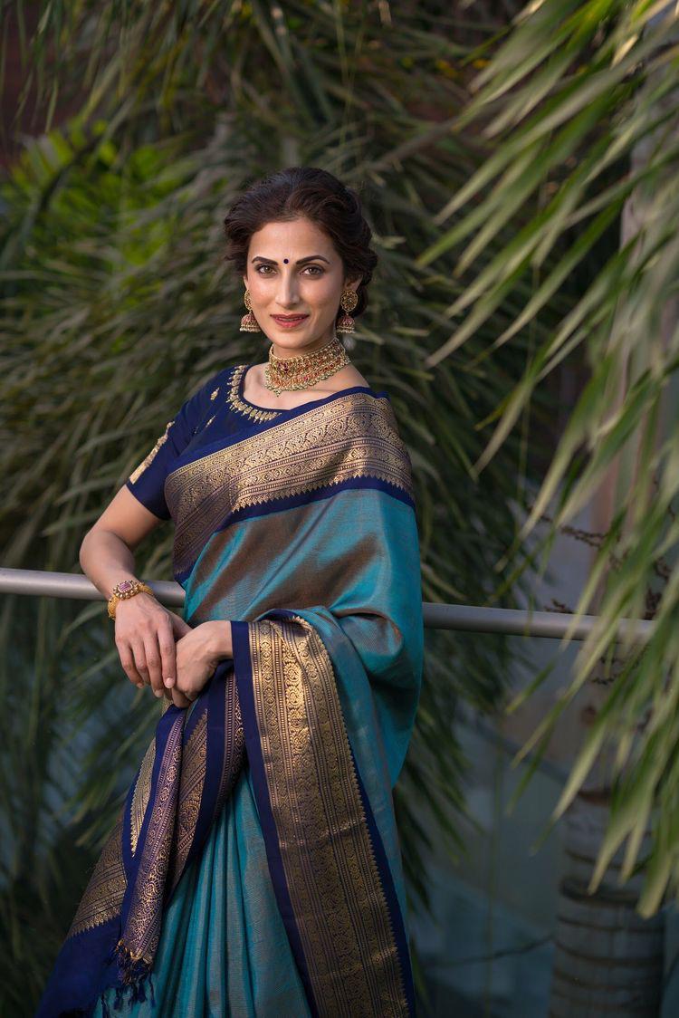 Superhit Design Blue Kanjivaram Style Soft Silk Saree for Women with G ...