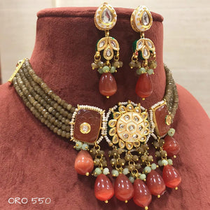 DEEP PEACHES,, ELEGANT KUNDAN NECKLACE SET FOR WOMEN -MONSWO08DP