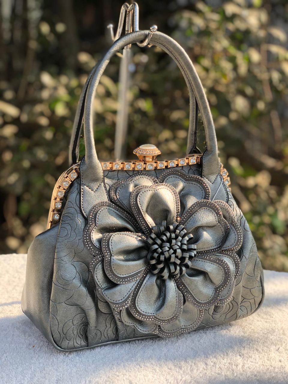 Brown Leather Handbag with Floral Design | Handbags