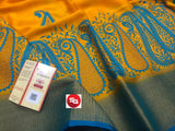 YELLOW AND BLUE EXCLUSIVE PURE MYSORE WRINKLE CREPE SAREE WITH BEAUTIFUL KASHMIR WORK ALL OVER WITH BLOUSE -PDSMSS001YB