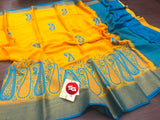 YELLOW AND BLUE EXCLUSIVE PURE MYSORE WRINKLE CREPE SAREE WITH BEAUTIFUL KASHMIR WORK ALL OVER WITH BLOUSE -PDSMSS001YB