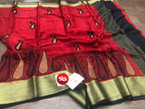 RED AND BLACK EXCLUSIVE PURE MYSORE WRINKLE CREPE SAREE WITH BEAUTIFUL KASHMIR WORK ALL OVER WITH BLOUSE -PDSMSS001RB