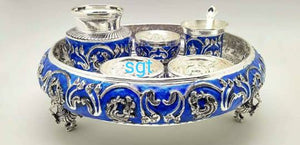 BLUE SAYANORA, ANTIQUE FINISH ENAMELLED GERMAN SILVER ANTIQUE POOJA SET-SNEPS001B