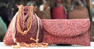 ONION PINK CHIKANKARI LUCKNOWI CLUTCH BAG AND POTLI BAG COMBO FOR WOMEN -PANIPCW001COP