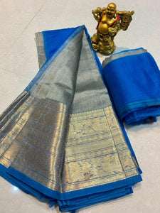 GREY & BLUE  MANGALGIRI PURE SILK SAREE FOR WOMEN-DGMGPS001GB