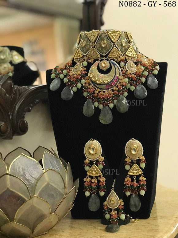 ASH GREY  DROPLET BEADS MEENAKARI KUNDAN HEAVY BRIDAL NECKLACE SET FOR WOMEN-GANNHNS001AG