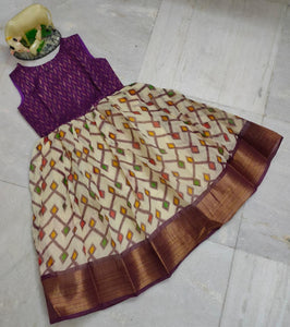 VIOLET SOFT BAGALPURI IKAT PRINT AND BANARASI JACQUARD COMBINATION FROCKS FOR GIRLS-SAYDBF001V