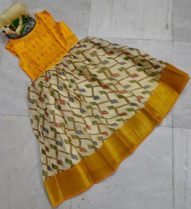 YELLOW SOFT BAGALPURI IKAT PRINT AND BANARASI JACQUARD COMBINATION FROCKS FOR GIRLS-SAYDBF001Y