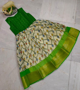 GREEN SOFT BAGALPURI IKAT PRINT AND BANARASI JACQUARD COMBINATION FROCKS FOR GIRLS-SAYDBF001GR