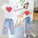 LOVELY HEART PRINT TEE WITH ROUGH LOOK DENIM CAPRI FOR GIRLS-SKDDC001