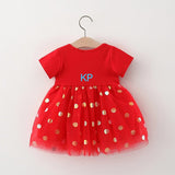 Hot Red Mouse applique dress with golden polka dot on net-SKDPD001