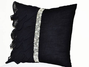 SET OF 2 , BLACK COLOR  COLOR RUFFLE CUSHION COVERS-PANIRCC001BL