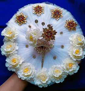 WHITE FLORAL POSHAK WITH MUKUT FOR LADDU GOPAL -SKDWLGPM001